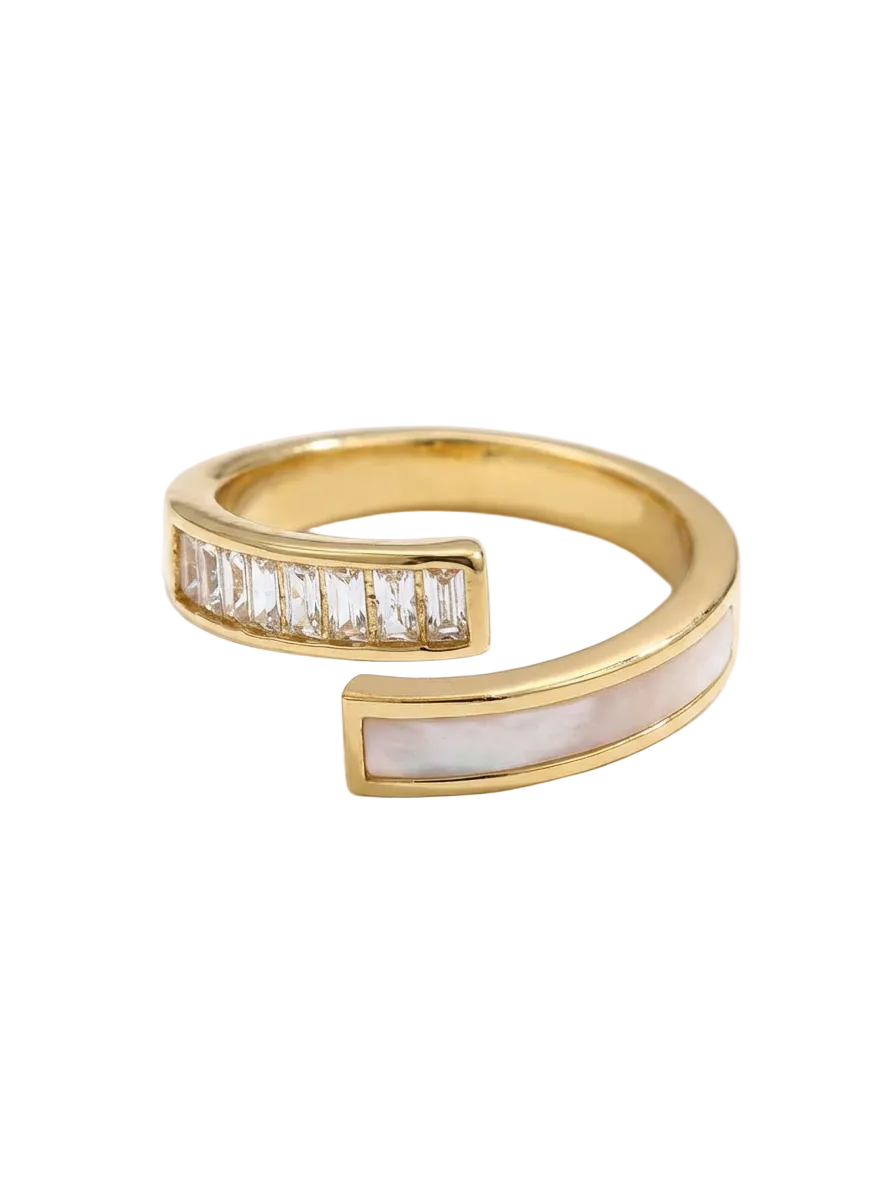 Baguette Crystal and Milky Enamel Ring