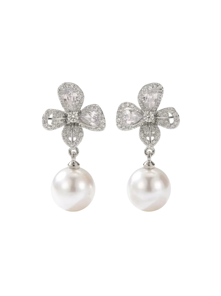 Crystal Clover Pearl Drop Earrings