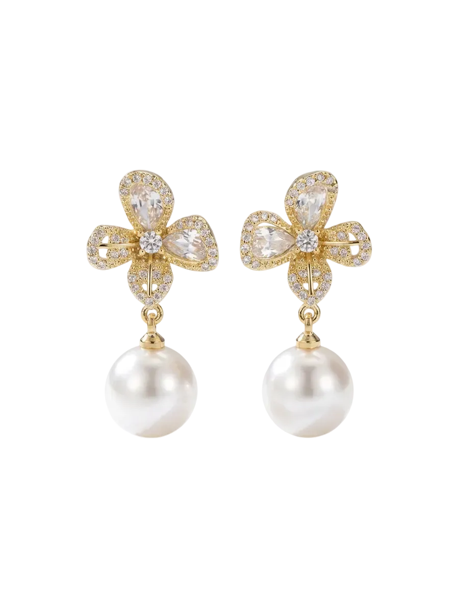 Crystal Clover Pearl Drop Earrings