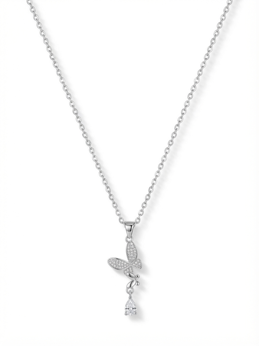 Silver Pavé Butterfly Drop Necklace